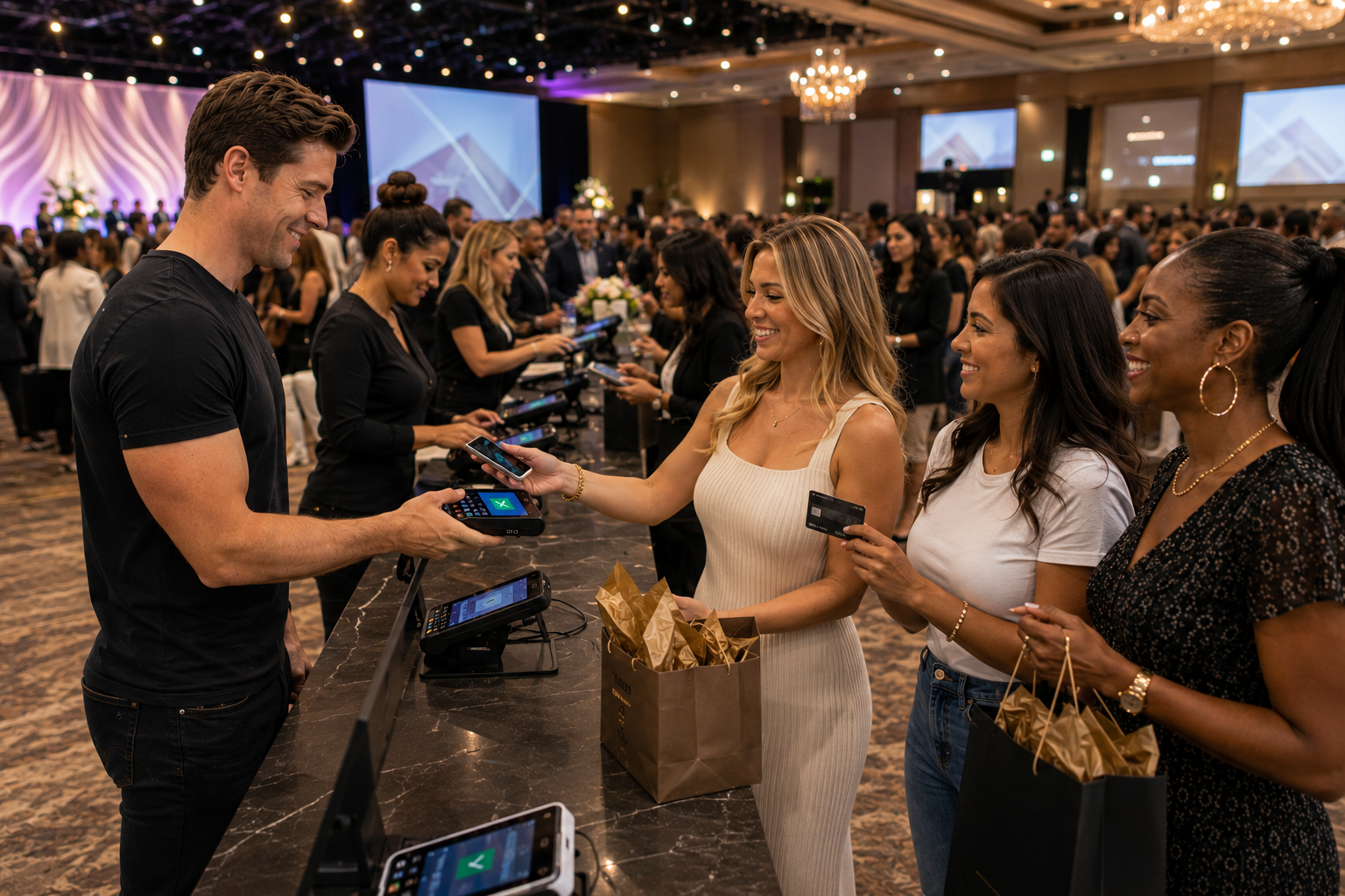 Wireless payment terminal approving a sale at a direct selling convention booth